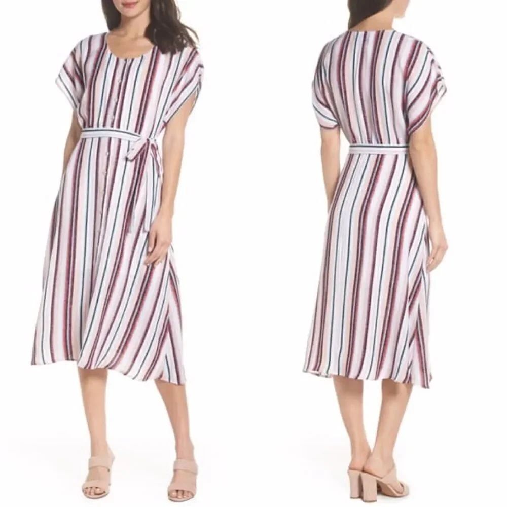 Charles Henry Belted Button Down Midi Dress
